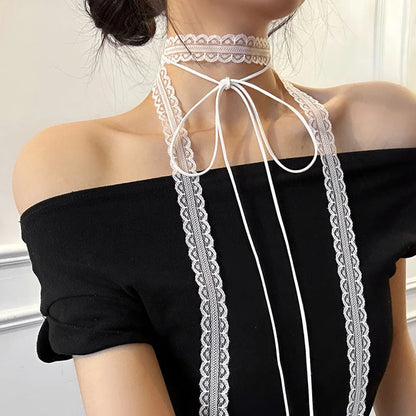 Black White Lace Necklace Versatile Long Ribbon Layered Clavicle Chain Choker for Woman Girls Daily Wear Neck Decoration Jewe