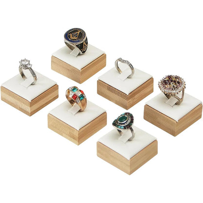 Ring Display Stands for Selling Square Bamboo Single Wood Ring Holder Organizer with Velvet Mat for Rings Trade - 6pcs White