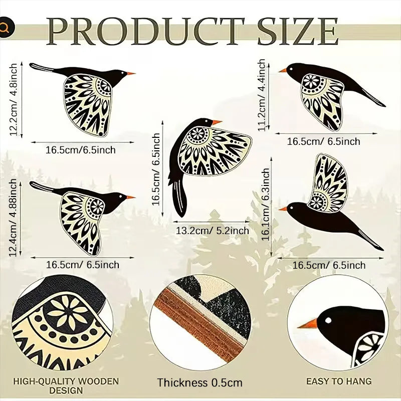5pcs Wooden Black Bird Wall Decor Art Vintage Gothic Home Decor for Living Room Bathroom Kitchen Decorations Indoor Outdoor G