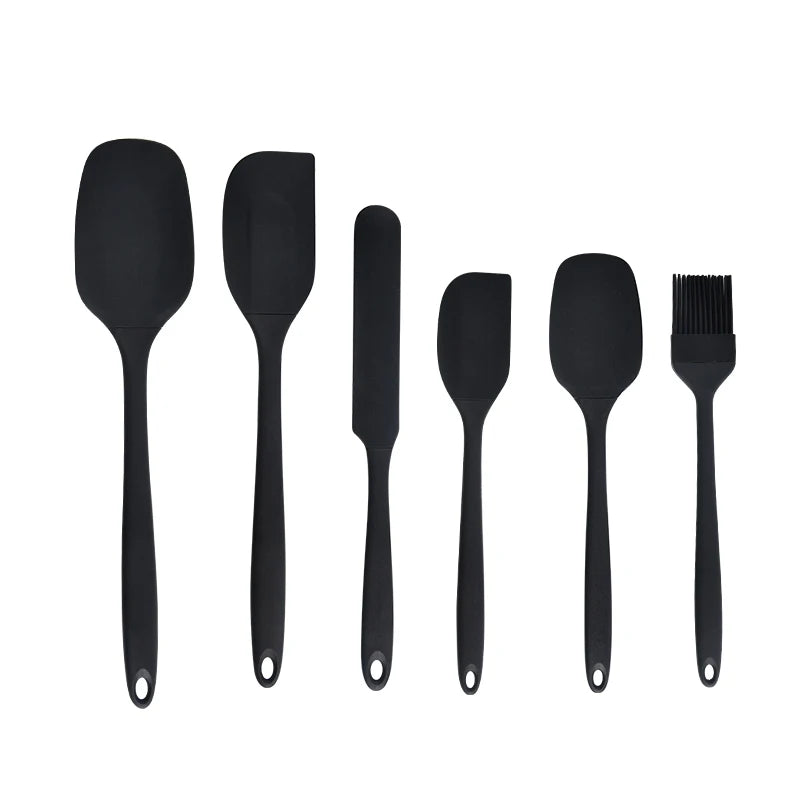 Silicone Kitchenware 6-Piece Set, Cream Scraper, Spatula, Oil Brush, Size Scraper Set Baking Tool, Non-Integrated Hand - Blac