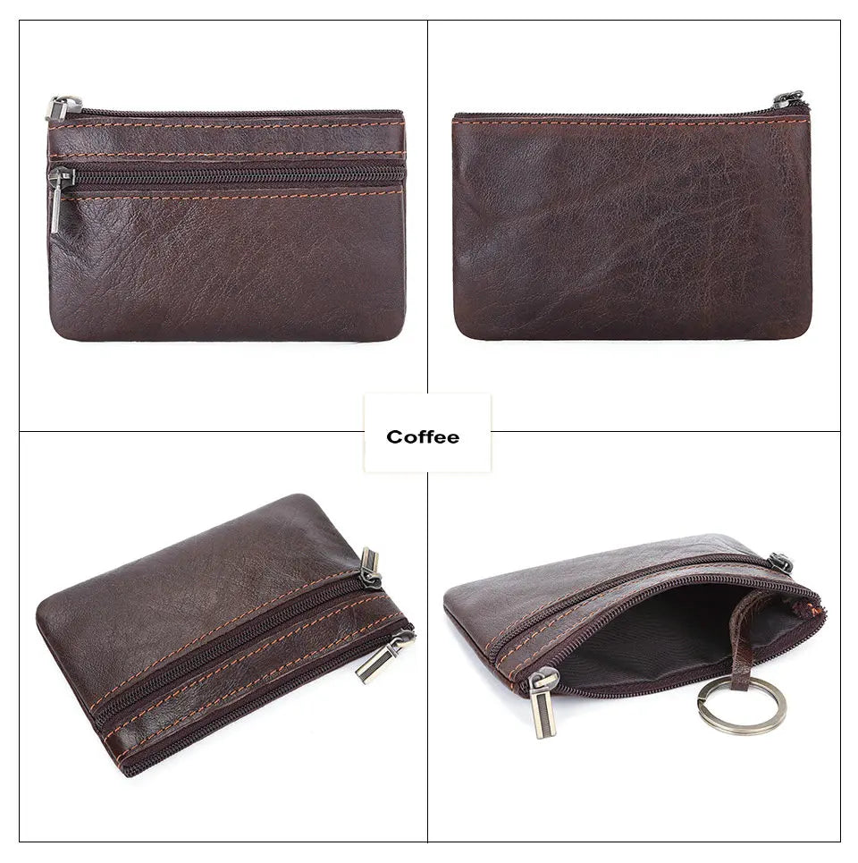 Retro Genuine Leather Coin Purse with Keychain for Men & Women Cowhide Zipper Coin Wallet Vintage Key Holder - coffee coin pu