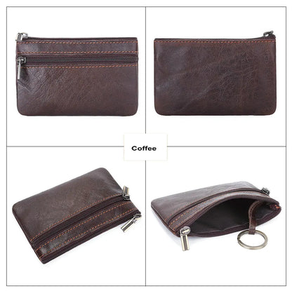 Retro Genuine Leather Coin Purse with Keychain for Men & Women Cowhide Zipper Coin Wallet Vintage Key Holder - coffee coin pu