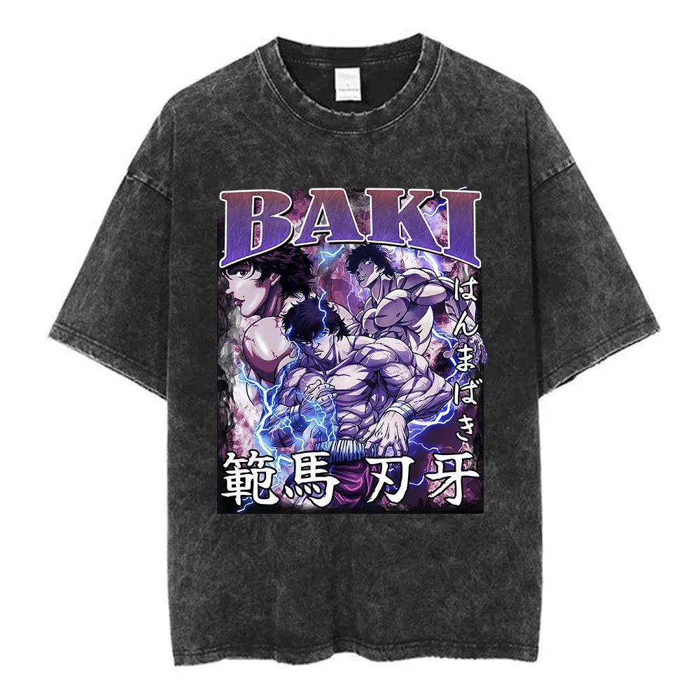 Vintage Washed T Shirt Anime Baki The Grappler T-shirt Hanma Yujiro Gym Short Sleeve T-shirts Oversized Cotton Casual Tee Shi