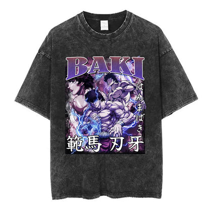 Vintage Washed T Shirt Anime Baki The Grappler T-shirt Hanma Yujiro Gym Short Sleeve T-shirts Oversized Cotton Casual Tee Shi