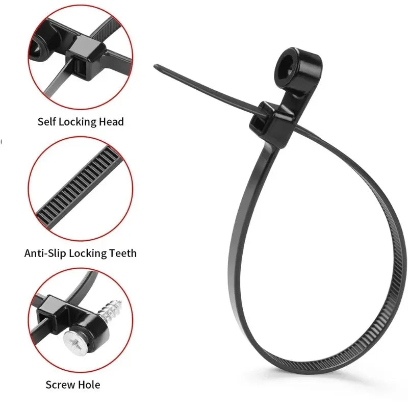 500/100PCS Screw Hole Cable Ties Reusable Fixed Nylon Cable Ties Self-locking Cord Ties Straps Fastening Loop Office Organize