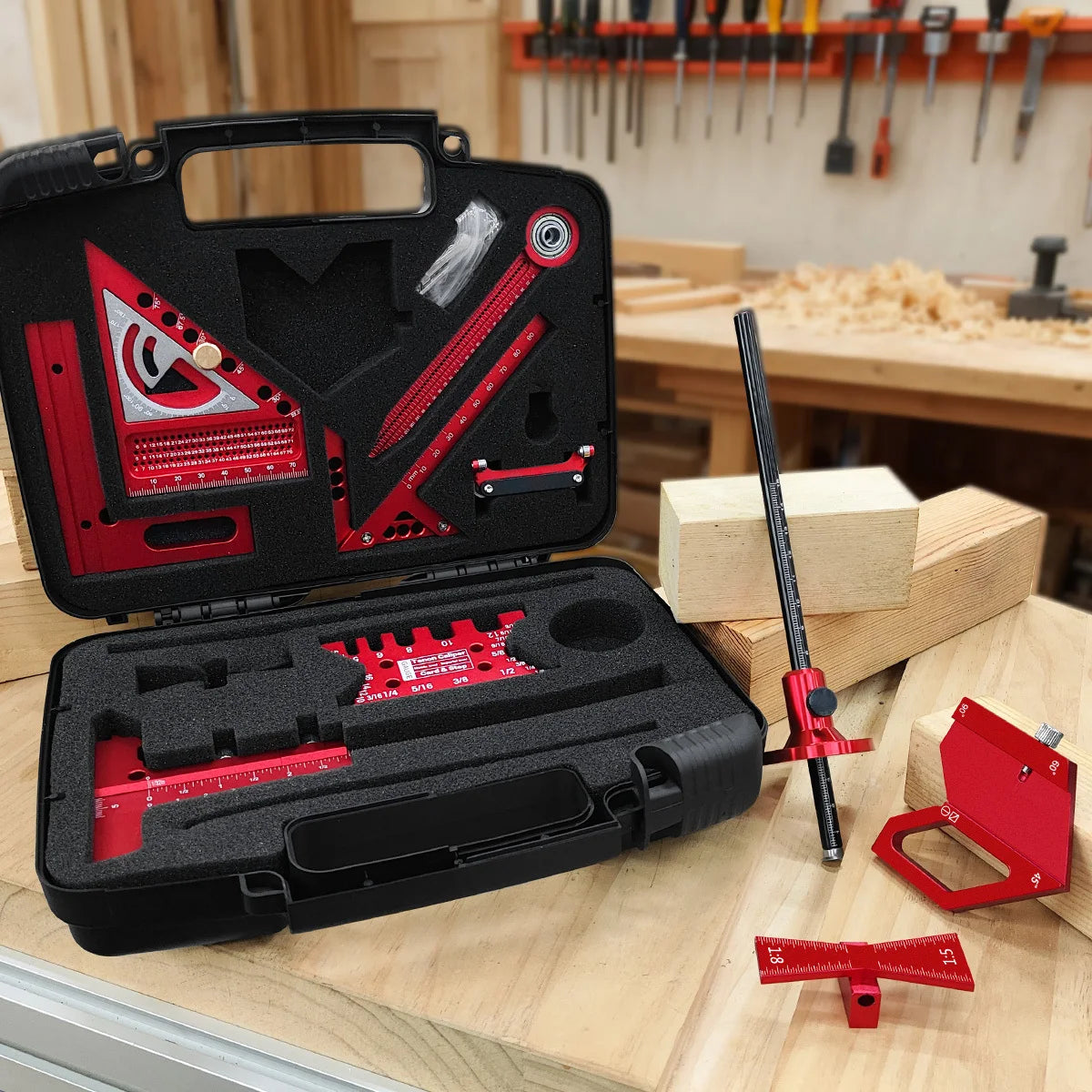 Woodworking Project Combination Set with Box, Including Triangle Ruler, Scriber, Tenon Gauge, Dovetail Gauge, Positioning Cla