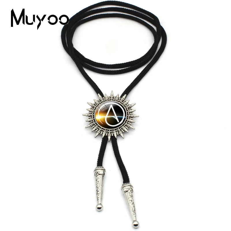 BOLO-0087 Fashion Hot Atheist Atheism Symbol Bolo Ties For Men Handmade Atheist Logo Round Glass Dome Slide Fashion Neck Tie