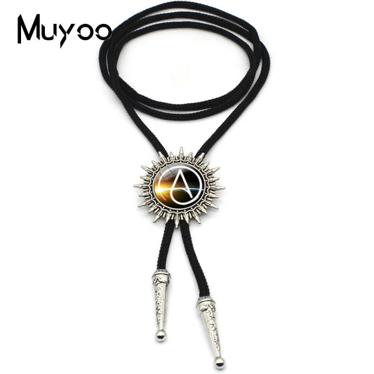 BOLO-0087 Fashion Hot Atheist Atheism Symbol Bolo Ties For Men Handmade Atheist Logo Round Glass Dome Slide Fashion Neck Tie
