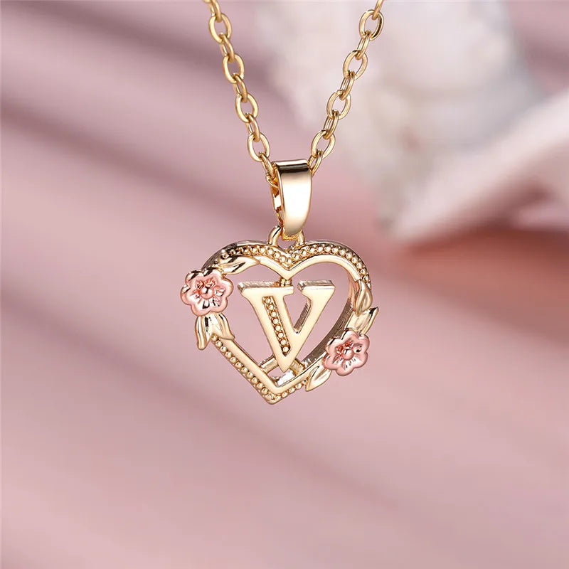 Female A-Z Letter Flower Pendant Necklace Yellow Gold Color Wedding Jewelry Gift For Women - V