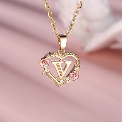 Female A-Z Letter Flower Pendant Necklace Yellow Gold Color Wedding Jewelry Gift For Women - V