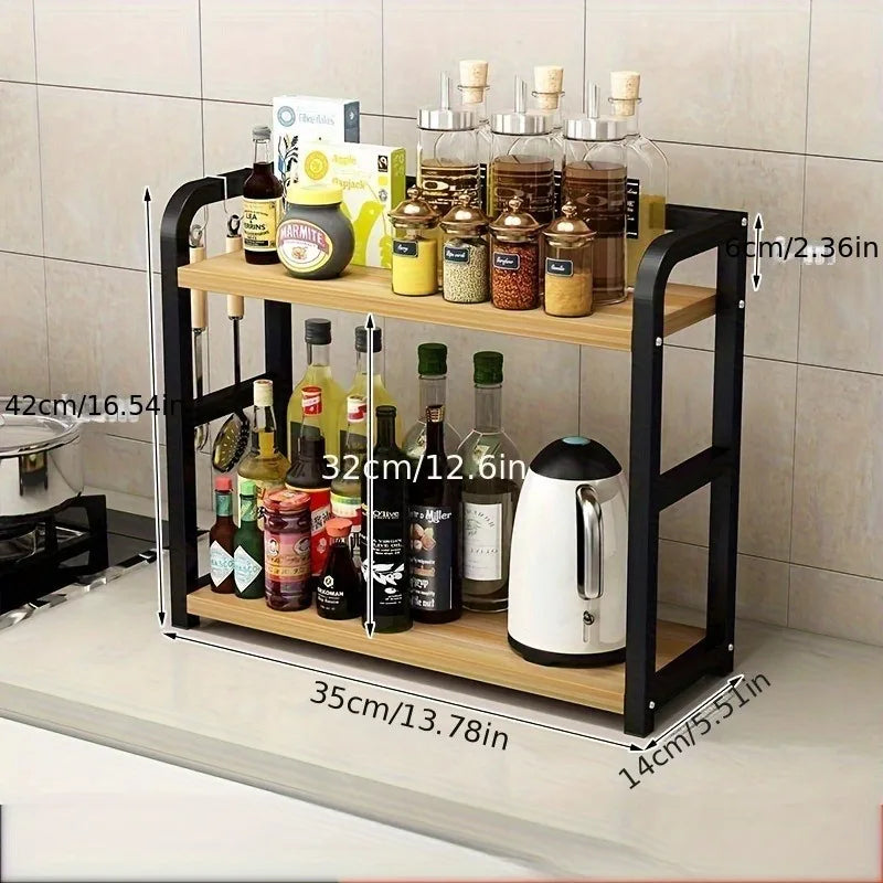 1pc 2-Tier Metal Countertop Shelf - Space Saving Organizer for Coffee, Mugs & Condiments, Rustproof Kitchen Rack - Walnut Col