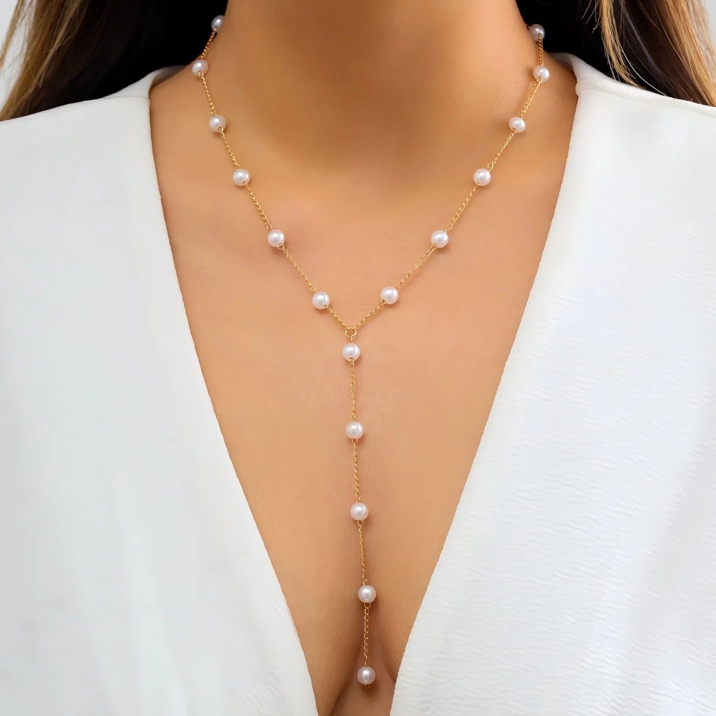 Elegant Imitation Pearl Y-Shaped Lariat Necklace For Women Simple Adjustable Long Sweater Chain Bridal & Banquet Jewelry Gift