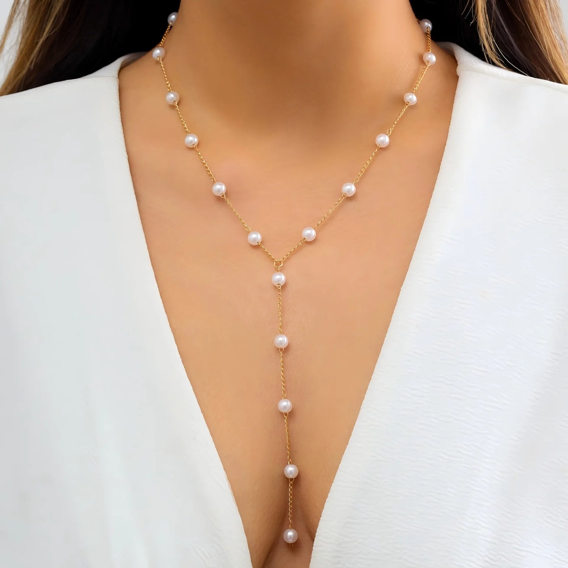 Elegant Imitation Pearl Y-Shaped Lariat Necklace For Women Simple Adjustable Long Sweater Chain Bridal & Banquet Jewelry Gift