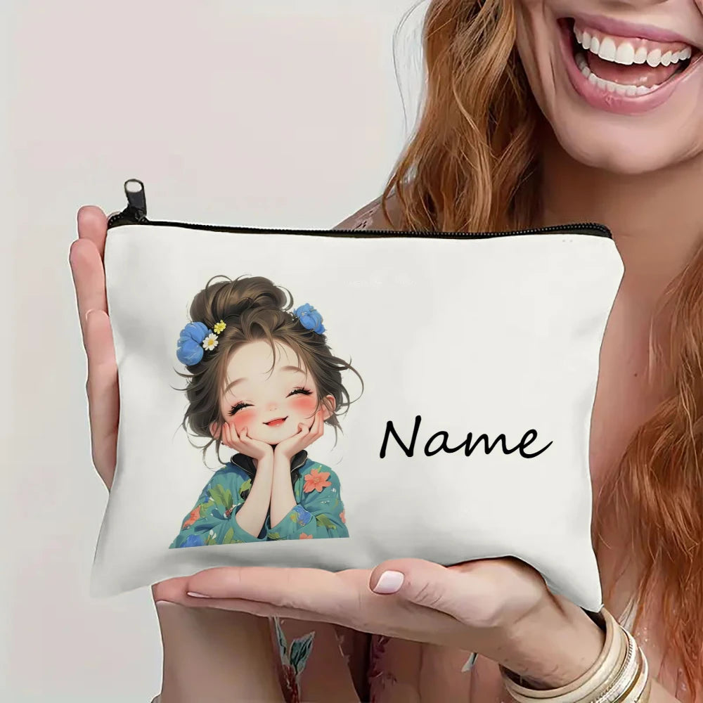 Custom Name Vintage Cute Girl Pattern Makeup Bag Handbag Toiletry Bag Pencil Case Holiday Gift Cosmetic Bag