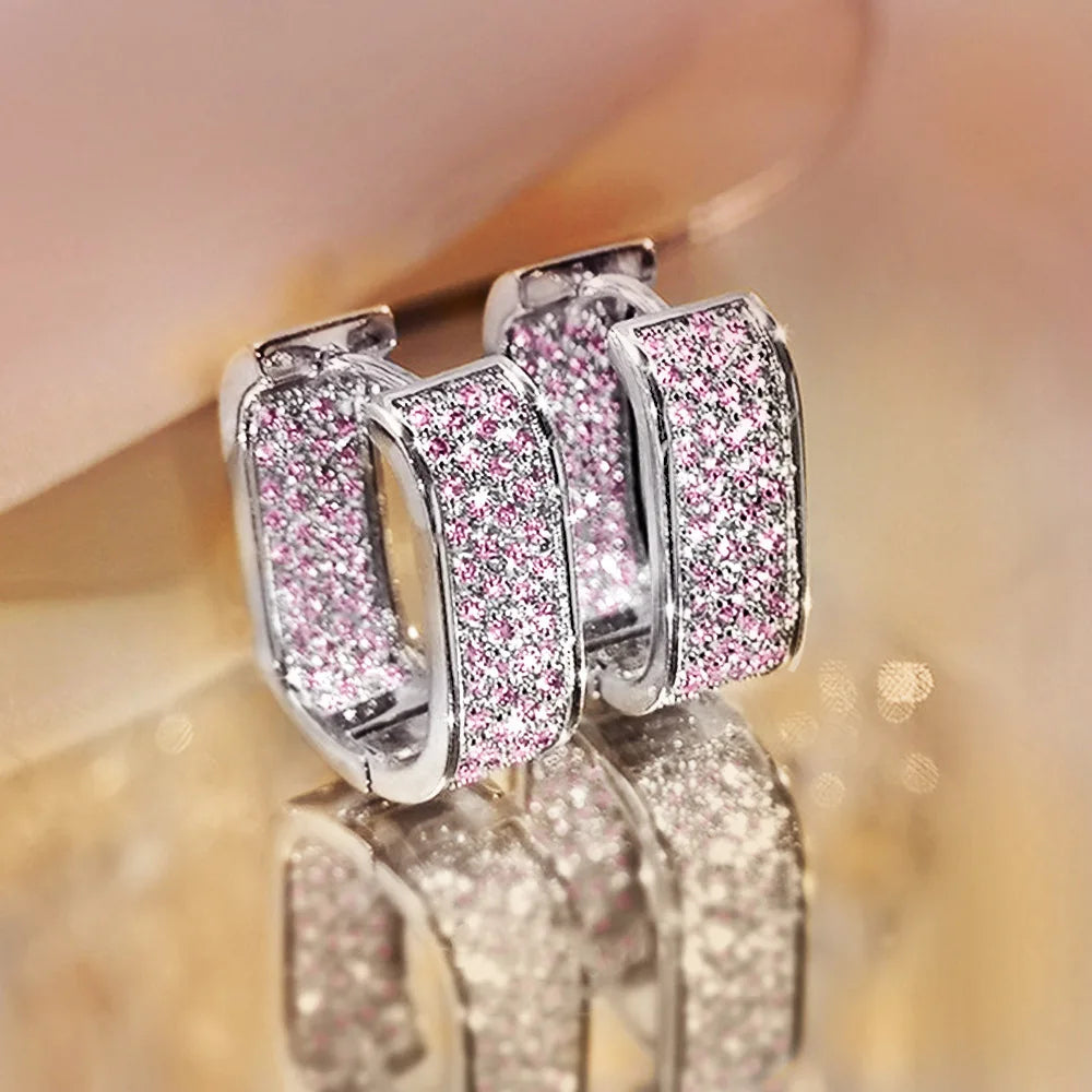 Luxury Full of Zircon Shiny Geometric Square Hoop Earrings for Women Temperament Gold Color Stainless Steel Korea Jewelry Gif