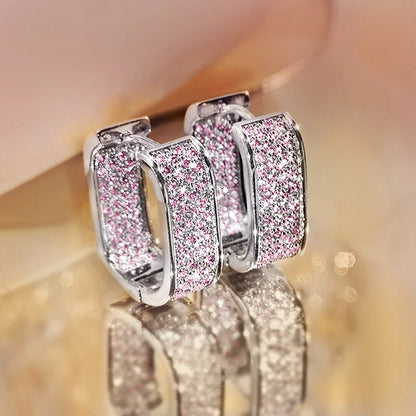 Luxury Full of Zircon Shiny Geometric Square Hoop Earrings for Women Temperament Gold Color Stainless Steel Korea Jewelry Gif