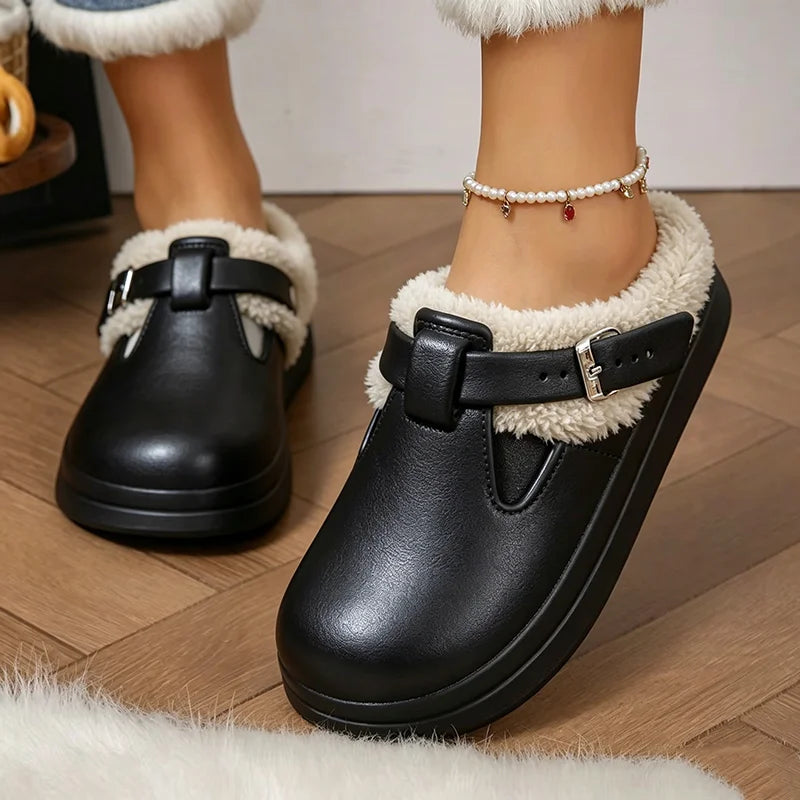 Waterproof Eva Furry Mules Slippers Women 2025 Winter Metal Buckle Warm Plush Slippers Soft Thick Bottom Non Slip Indoor Slid