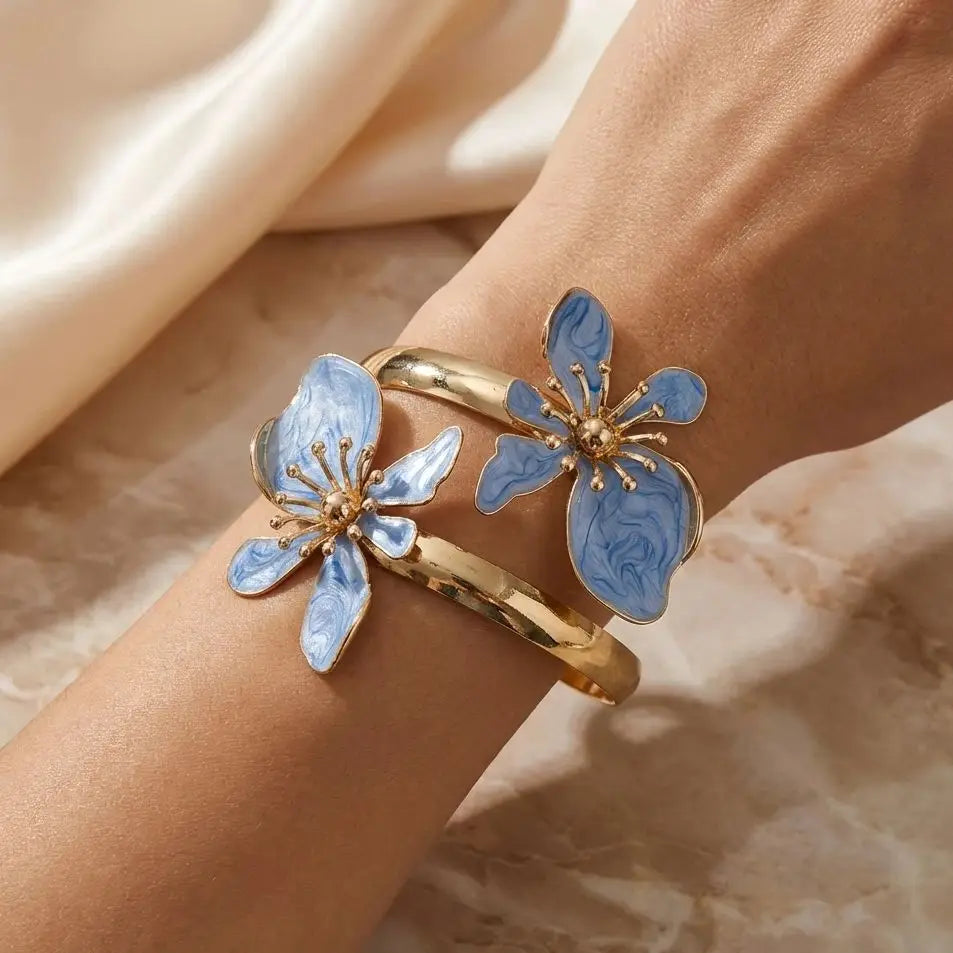 Elegant Enamel Flower Open Cuff Bracelet For Women Gold Plated Metal Pink White Blue Floral Bangles Beach Party Vacation Jewe