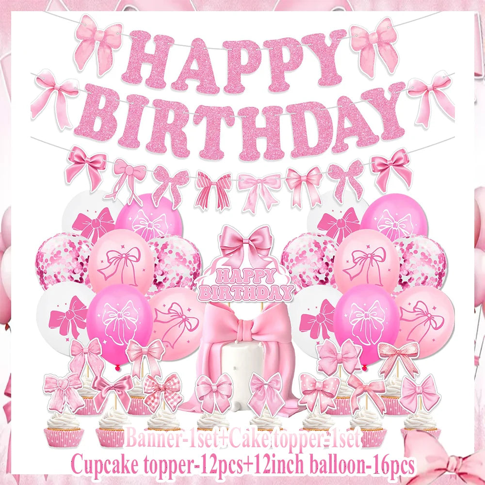 birthday party supplies, Pink Bow Birthday Party Set, personalized birthday decorations, custom birthday banner, party favors