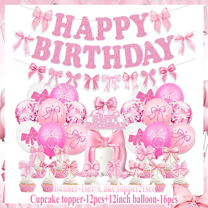 birthday party supplies, Pink Bow Birthday Party Set, personalized birthday decorations, custom birthday banner, party favors