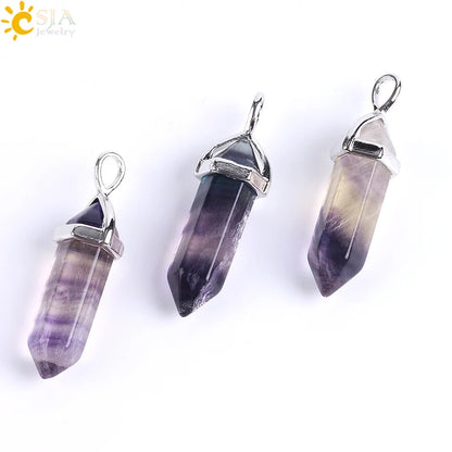 CSJA Fluorite Crystals Necklaces Pendants Suspension Quartz Natural Gem Stone Necklace for Women Hexagonal Reiki Healing G954