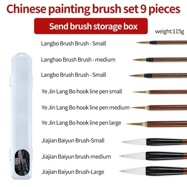 6/9/12/16Pcs Chinese Calligraphy Brushes Set With storage box Sumi Painting Writing Kanji Art Watercolor Brush - 9pcs Basic S