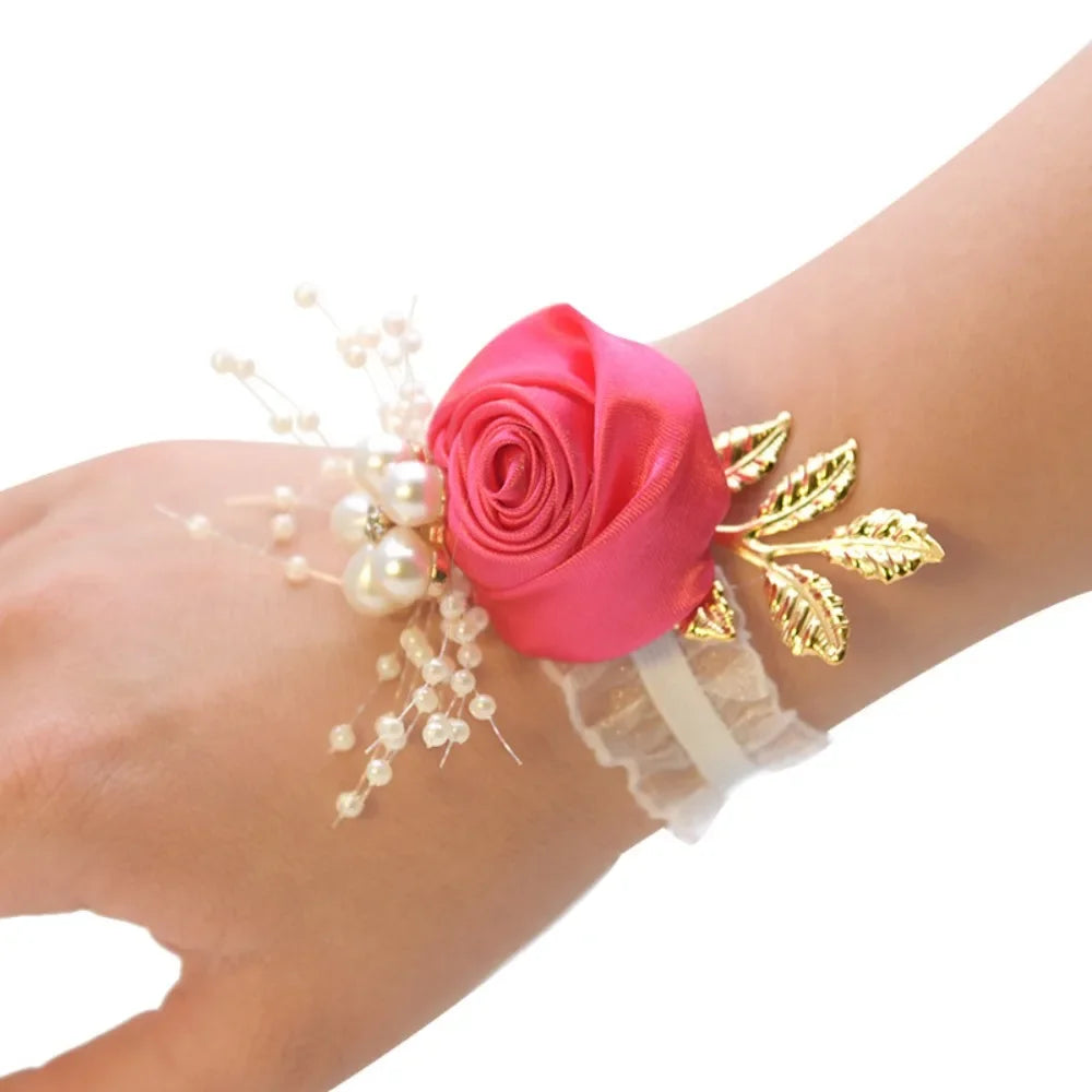 Bridesmaid Wrist Flowers Rose Corsage Pearl Polyester Ribbon Bracelet Wedding Accessories - rose red