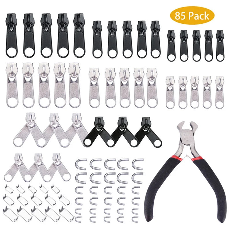 85Pcs/set Zipper Repair Kit Easy Fix Zipper Slider Head Puller Closure Universal Replacement Broken/Wearable Household Remova