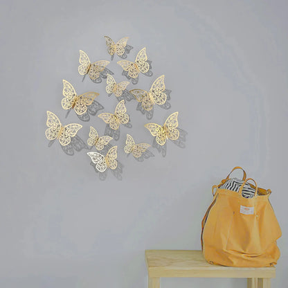 12pcs/lot Metal Inspired Hollow 3D Paper Butterfly Decorations for Parties, Festivals, Weddings, Birthdays, Wall Stickers