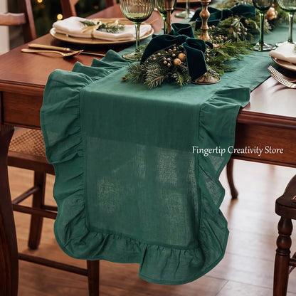 Ruffle Table Runner 100% Cotton Fabric Farmhouse Rustic Ruffled Edge Table Runner Wedding Decor for Christmas Holiday Baby Sh