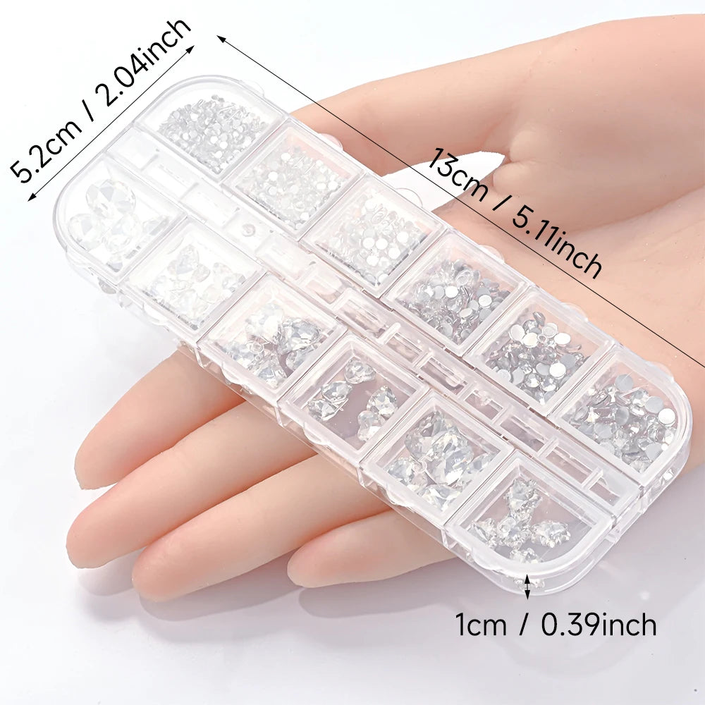 1Box 3D Clear Nail Art Rhinestones 12Shapes Mixed Oval,Butterfly,Heart,Flower,Round Diamond Nail Charms DIY Nail Art Decorati