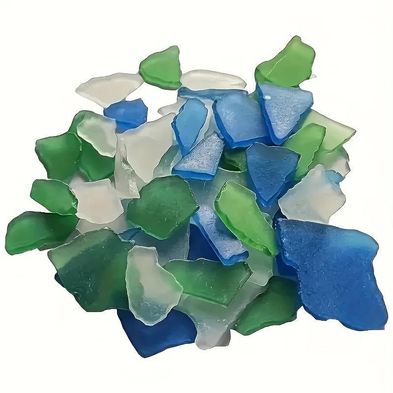 Craft decorations, sea colored glass shards, light frosted vase inlaid with glass, beach wedding party decorations, home deco