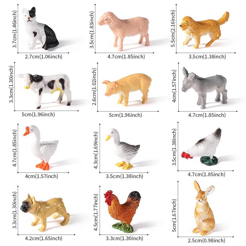 12pcs Mini Farm Figurines Realistic Animal Model Dog Duck Cock Pig Sheep Cat Action Figures Simulated PVC Educational Toy