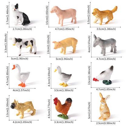 12pcs Mini Farm Figurines Realistic Animal Model Dog Duck Cock Pig Sheep Cat Action Figures Simulated PVC Educational Toy