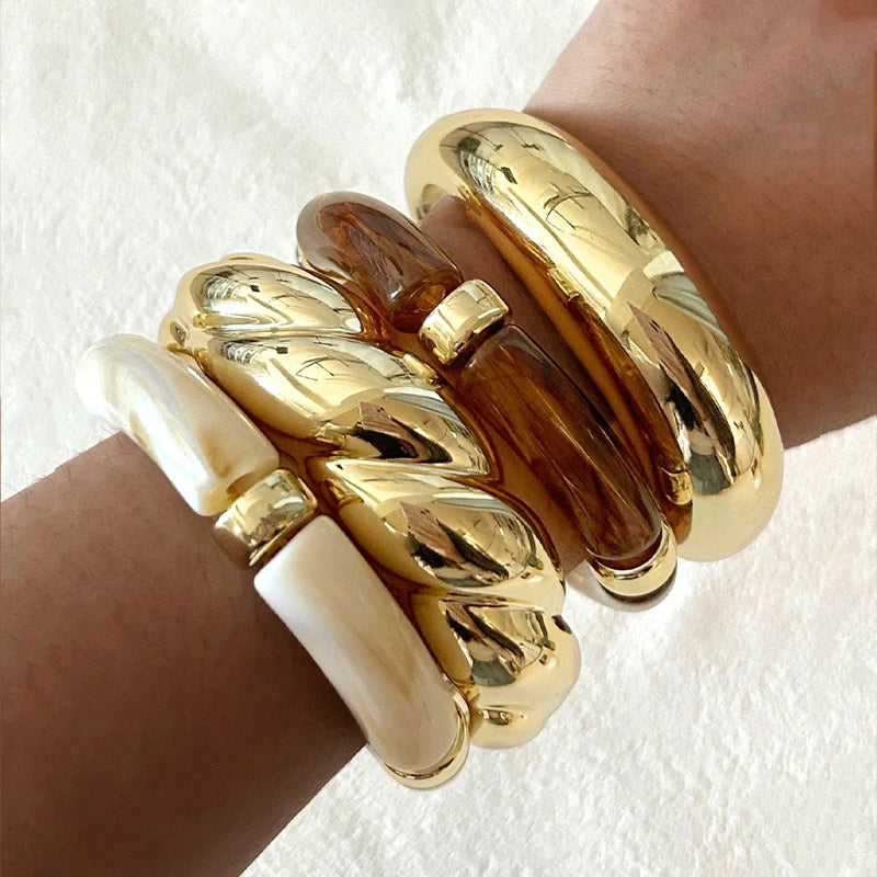 4pcs Vintage Minimalist Elegant Brown Resin Elastic Bangle Set Gold Color Smooth Open Bracelets For Women Daily Holiday Jewel