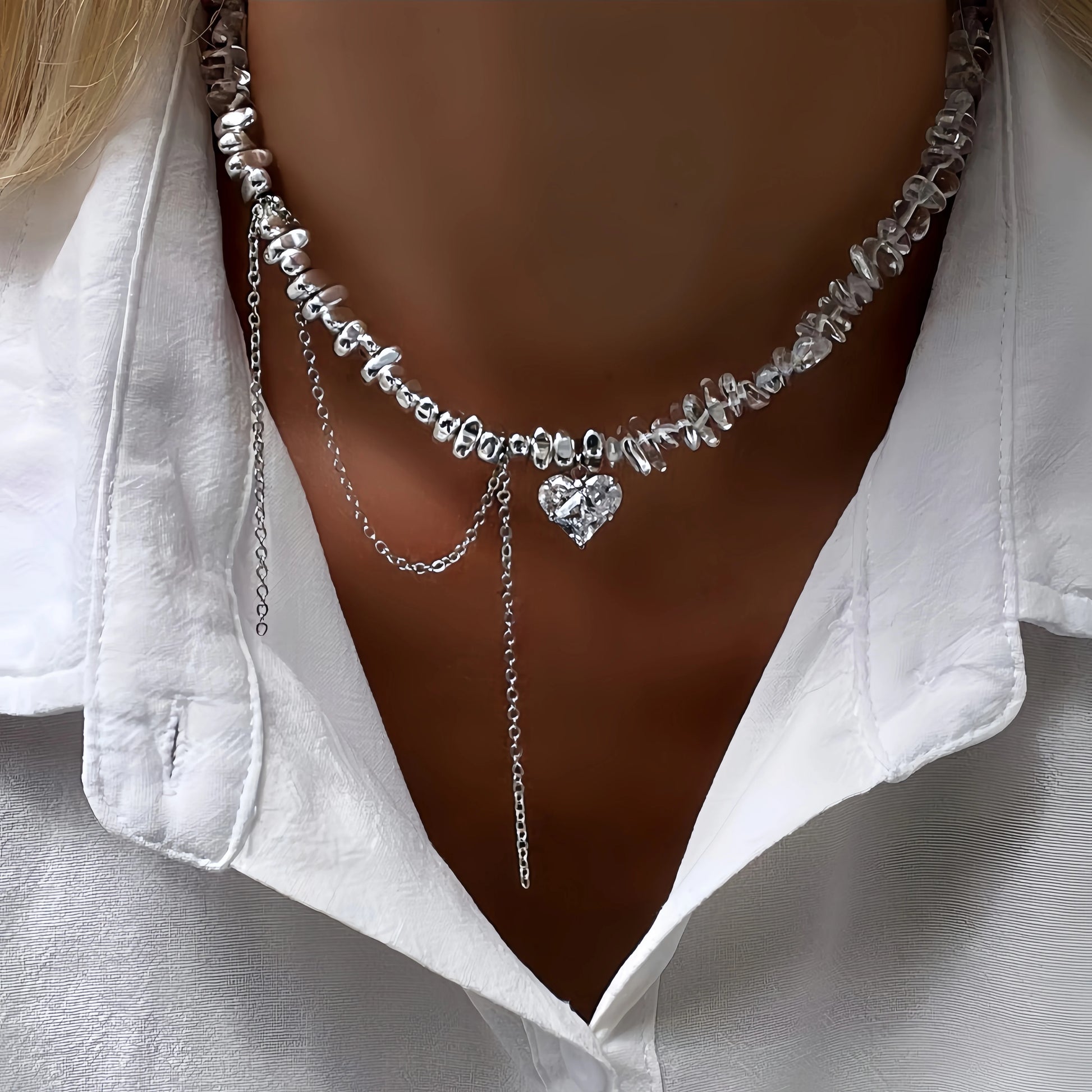 New Irregular Choker Vintage Tassels Zircon Heart Pendant Necklace For Women Female Geometric Baroque Transparent Crystal Cha