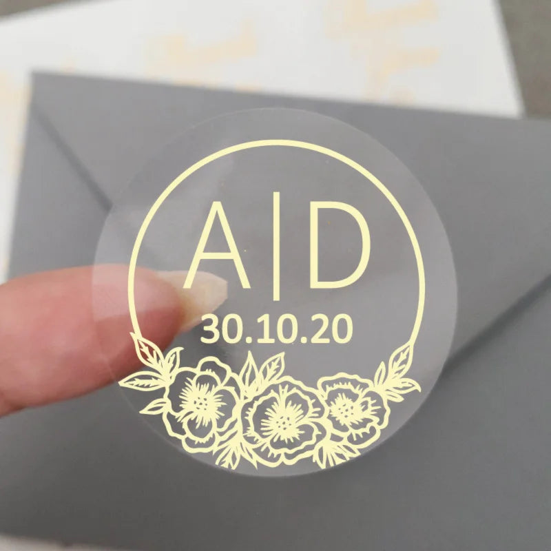 50 X Foiled Wedding Monogram Initials Stickers, Personalised Wedding Favour Labels, Custom Shiny Foil Gold Transparent