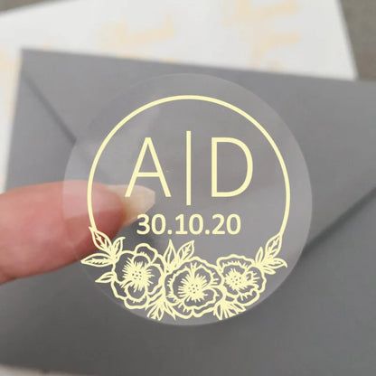 50 X Foiled Wedding Monogram Initials Stickers, Personalised Wedding Favour Labels, Custom Shiny Foil Gold Transparent