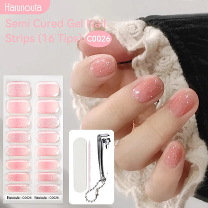 Harunouta 16strips Semi Cured Gel Nail Strips with Nail Clipper Set Self-Adhesive Glitter for Nails Work with UV/LED