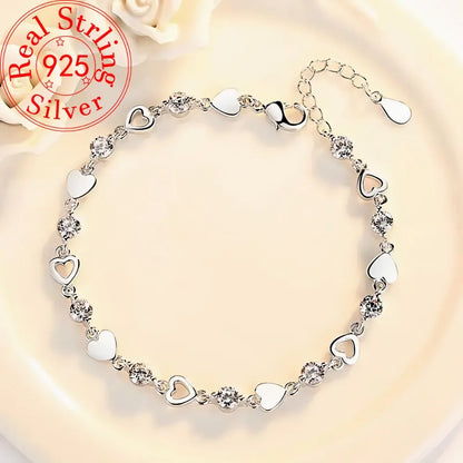 925 Sterling Silver Heart Shaped Necklace Bracelet Set for Women Vintage Korean Blue Crystal Bracelets Jewelry Set Party Jewe