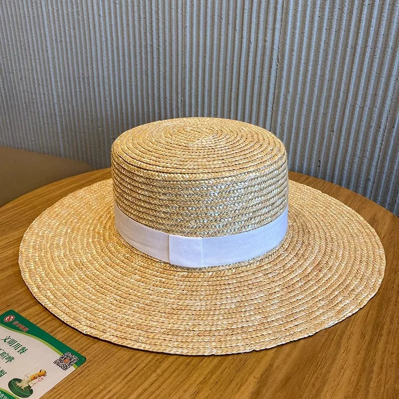 Boater Straw Hat wide brim French elegant square ribbon women's sun hat holiday straw hat 모자 햇빛 가리개