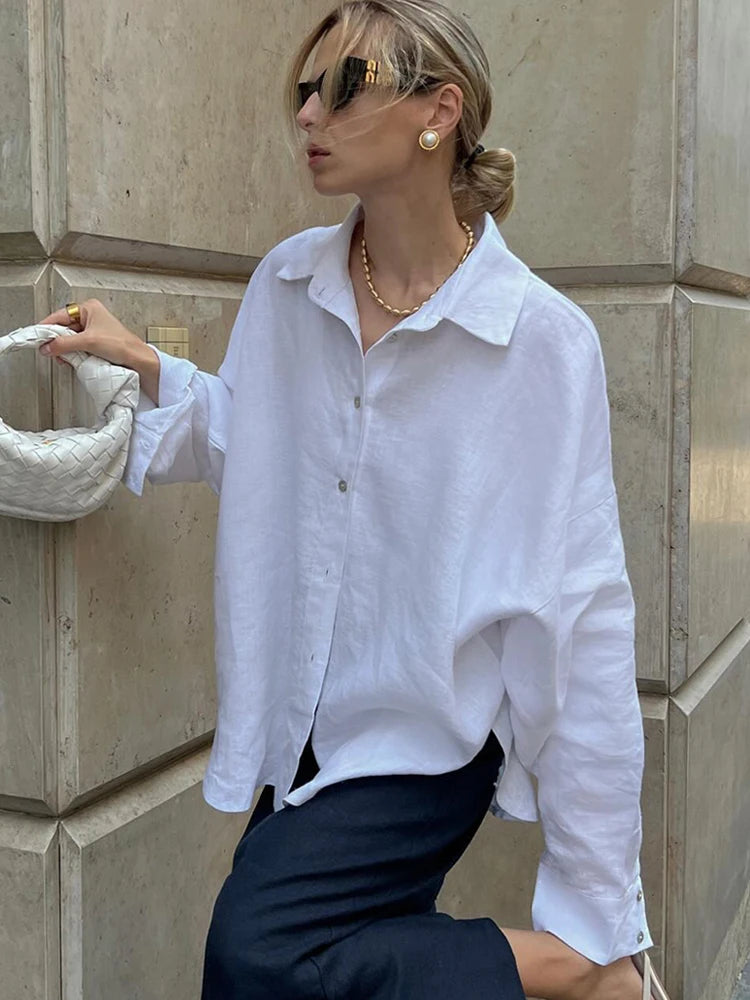 White Women's Linen Shirt Long Sleeve Elegant Pink Oversize Blouse Vintage Spring Basic Top Collar Cotton Linen Shirt for Wom