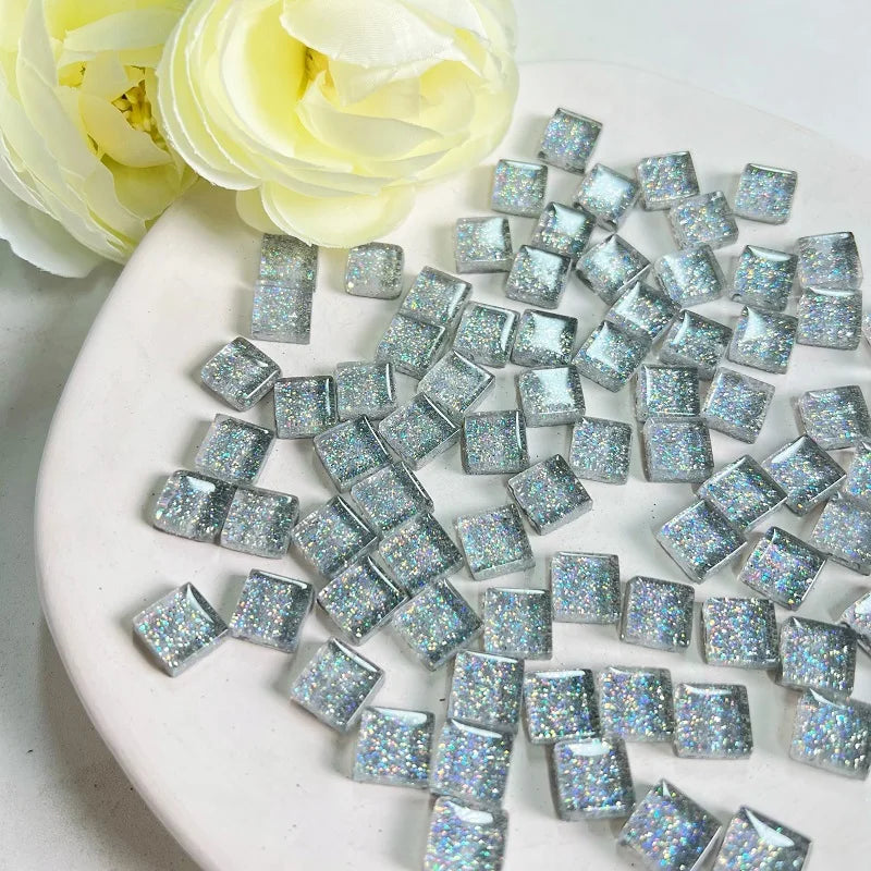 Mosaic Tiles for Crafts Blue Shine Assorted Color 50pcs Glass Glitter Mosaic Supplies Pieces Bulk Square Shape Home Decoratio