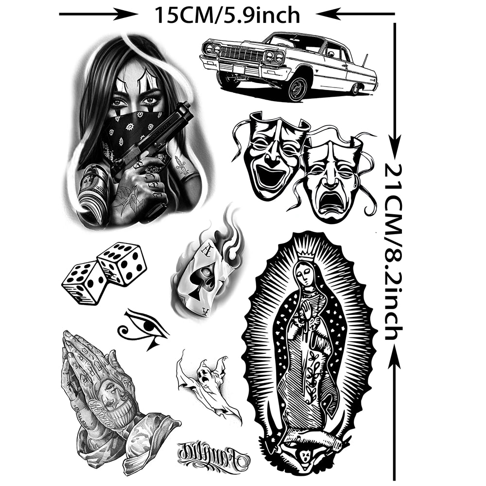 6 Sheets Chicano Temporary Tattoos For Men Women Adult, Chicana Guadalupe Gangster Fake Tattoos Halloween Day of the Dead Mex