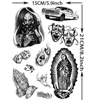 6 Sheets Chicano Temporary Tattoos For Men Women Adult, Chicana Guadalupe Gangster Fake Tattoos Halloween Day of the Dead Mex