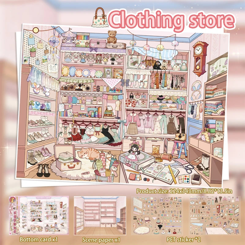 Immersive Scene-Creating Stickers, Multi-Scene Miniature Store Material Stickers, Panoramic Positioning, No-Cut DIY Journal D