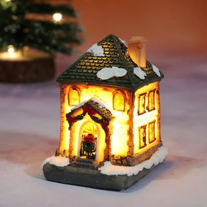 Christmas Decoration House LED Light Xmas Durable Ornaments Small Resin Mini House Miniature Village Building for Home Kids G