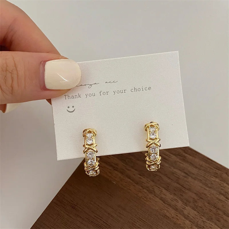 Vintage CC Design Stud Earrings for Women Korean Fashion X Cross Zircon Earring Engagement Jewelry Gifts