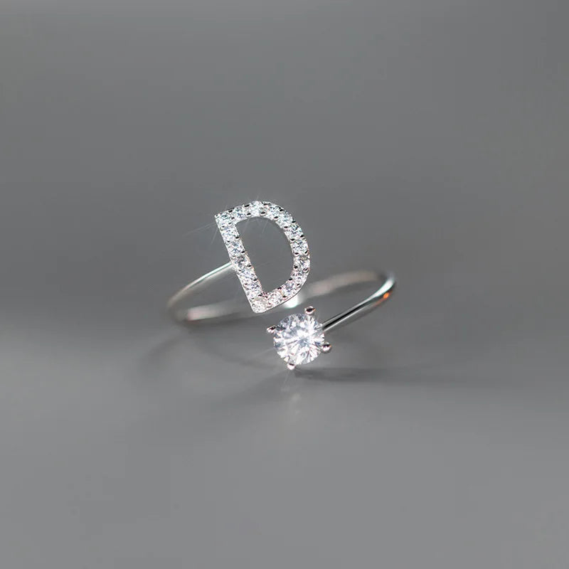 Zircon Initial A-Z Letter Ring For Women Metal Adjustable Opening Ring Name Alphabet Female Wedding Gift Anillos Mujer