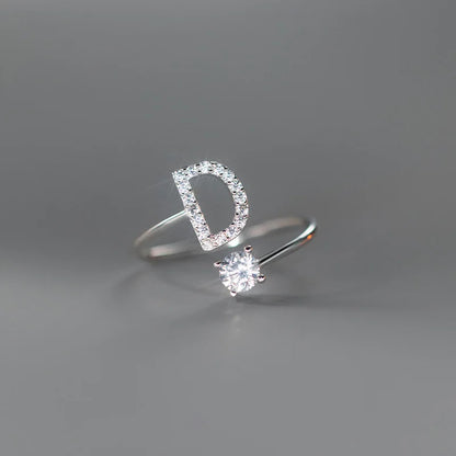 Zircon Initial A-Z Letter Ring For Women Metal Adjustable Opening Ring Name Alphabet Female Wedding Gift Anillos Mujer - D